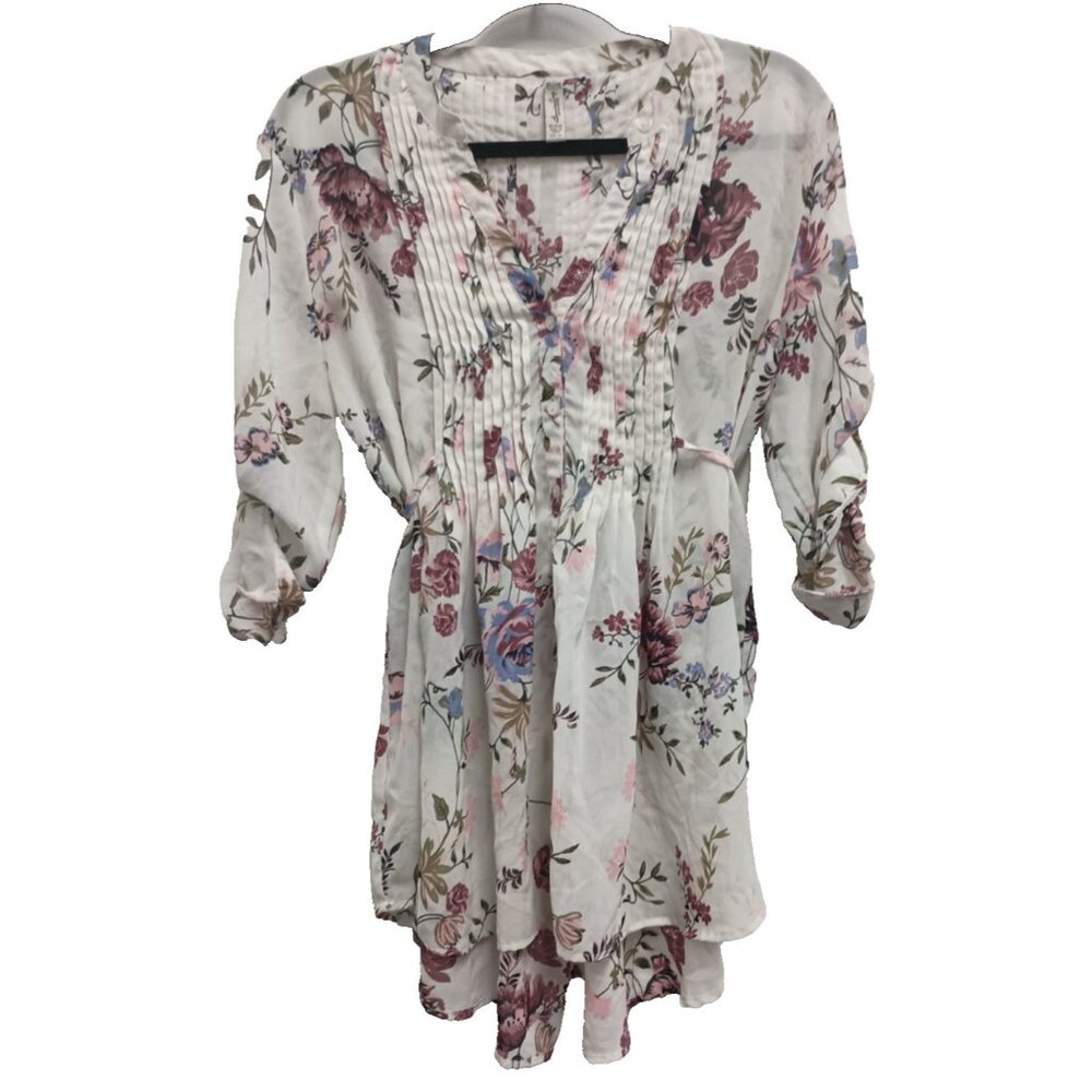 American Rag Cie Womens BOHO Blouse Top‎ XL White Floral Tie Back 3/4 Sleeve